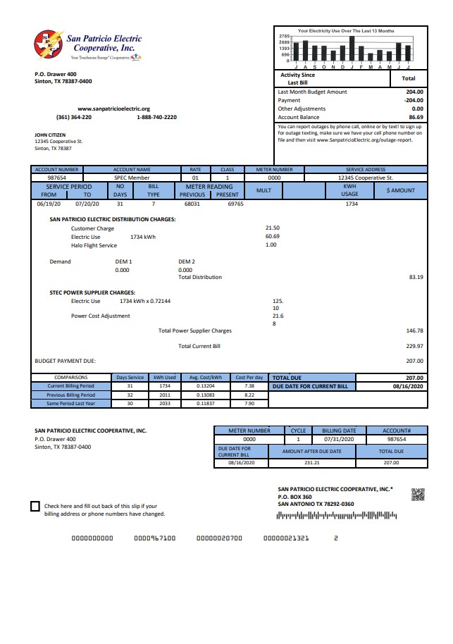 USA Texas San Patricio Electric Corporative utility bill template in Word and PDF (.doc and .pdf) format